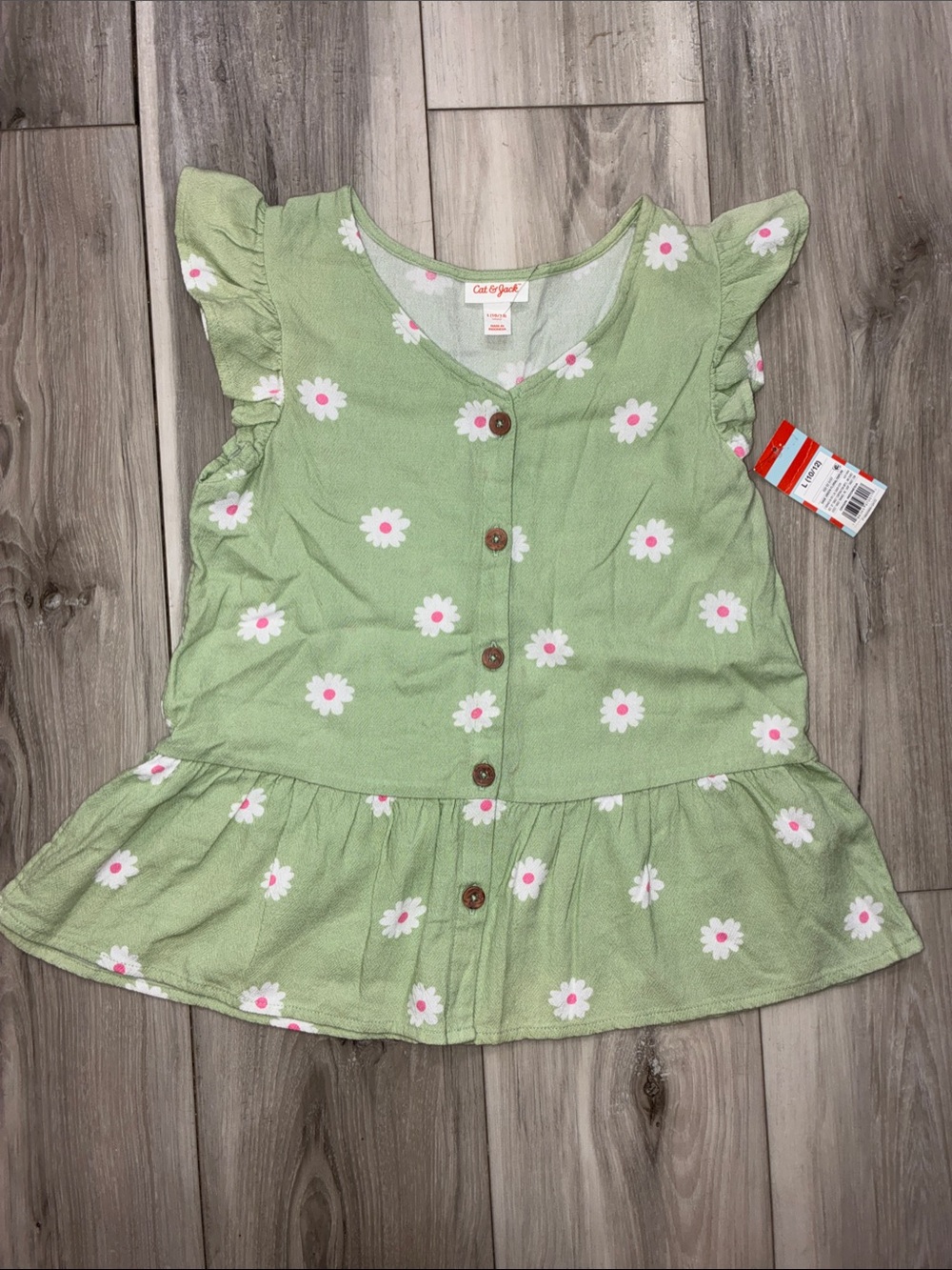 🩵 Cat & Jack Light Green Daisy Button-Front Girls Blouse 10/12